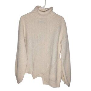 ADAWAS 100% Wool Turtleneck Ivory Asymmetric Long Sleeve Pullover Sweater 40